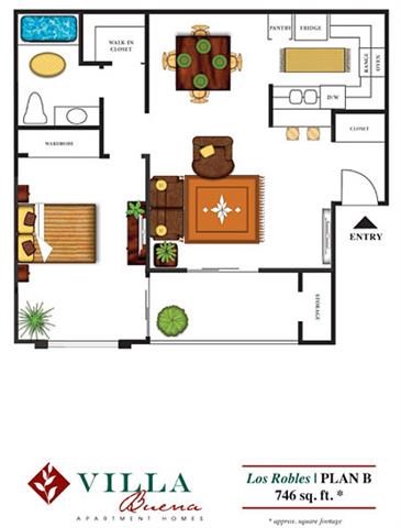 Floor plan for 1 bed, 1 bath, 746 sqft